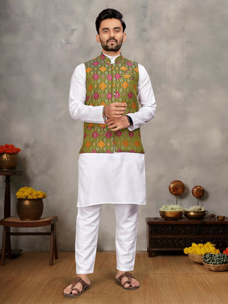 Anaita Mehendi Cotton Straight Kurta Payjama & Koti With Jequard Work