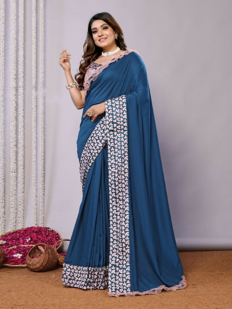 Teal Blue Silk Georgette Laser Cut Embroidery Wired Frills Saree - Norita Saumya