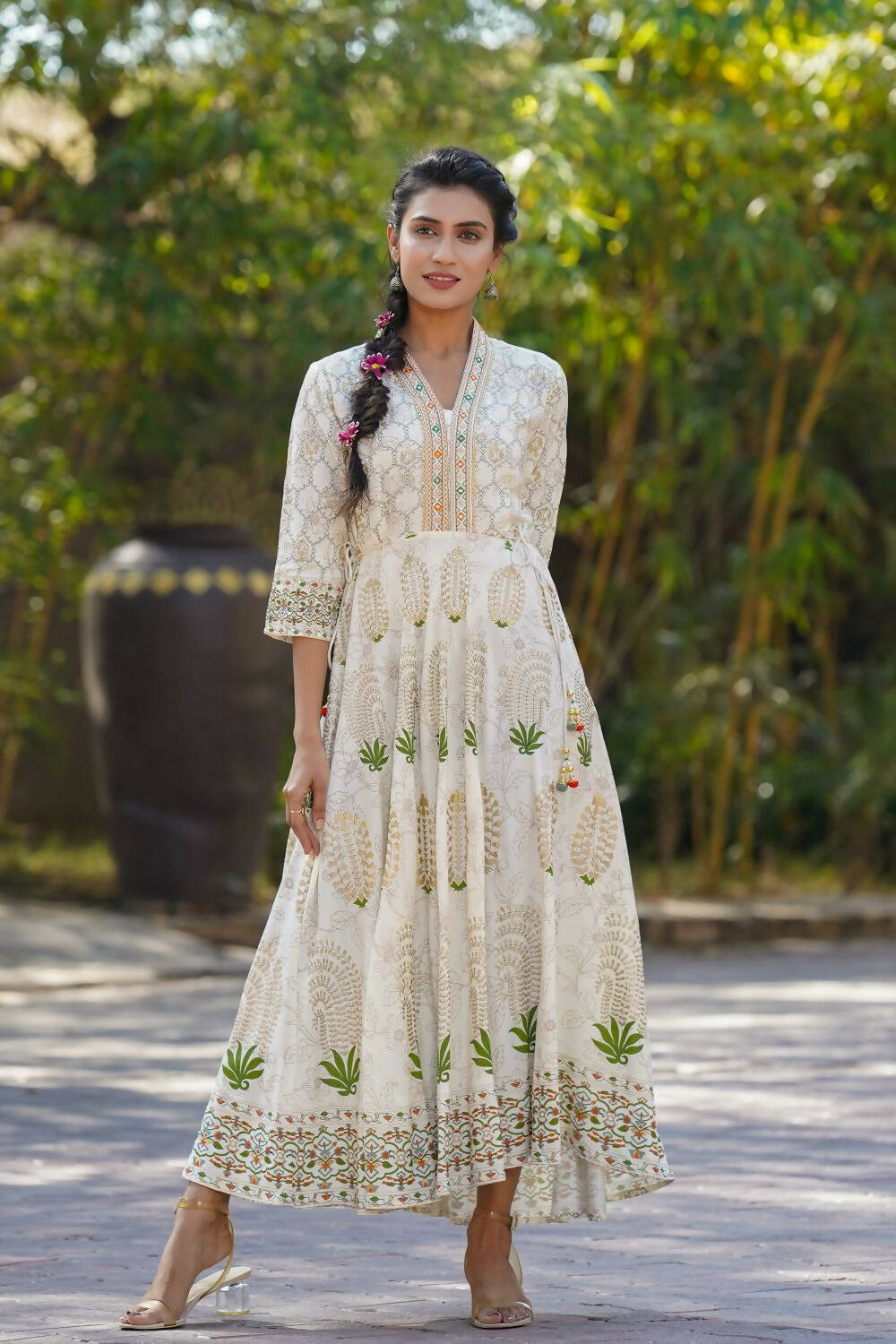 Juniper Womens Ivory Rayon Foil Printed Circular Maxi Dress With Mirror Embroidery - Distacart