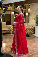 Vastranavya Red Embroidery Work Shimmer Chiffon Saree with Unstitched Blouse - Distacart