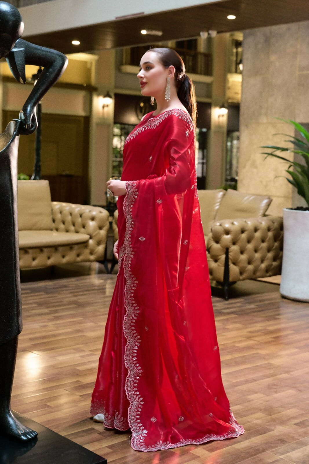 Vastranavya Red Embroidery Work Shimmer Chiffon Saree with Unstitched Blouse - Distacart