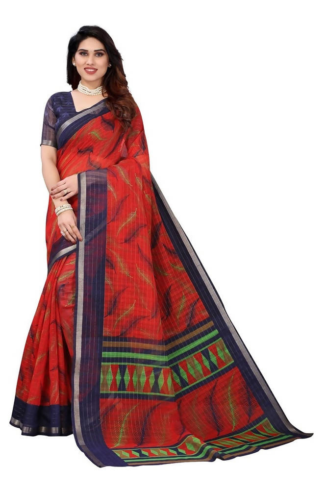 Vamika Red Linen Zari Border Printed Saree