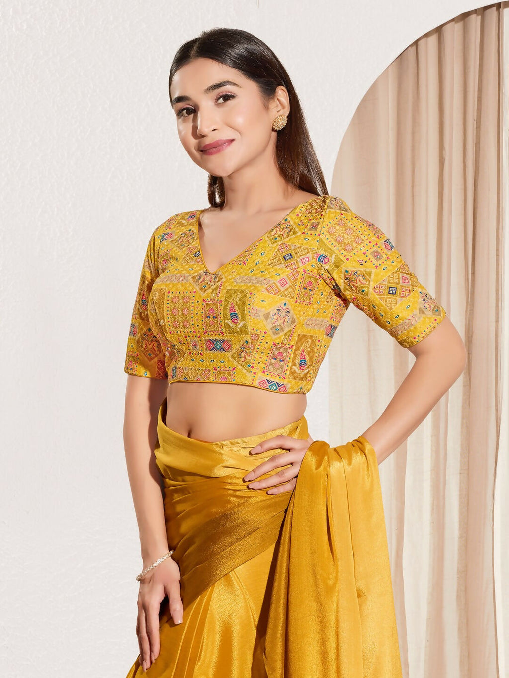 Joban Fashion Yellow Viscose Rayon Padded Blouse With V Neck Elbow Sleeves - Distacart