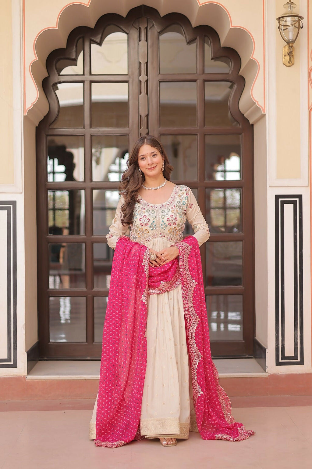 Joban Fashion Pink Jacquard Sequence Embroidery Work Kurta Set - Distacart