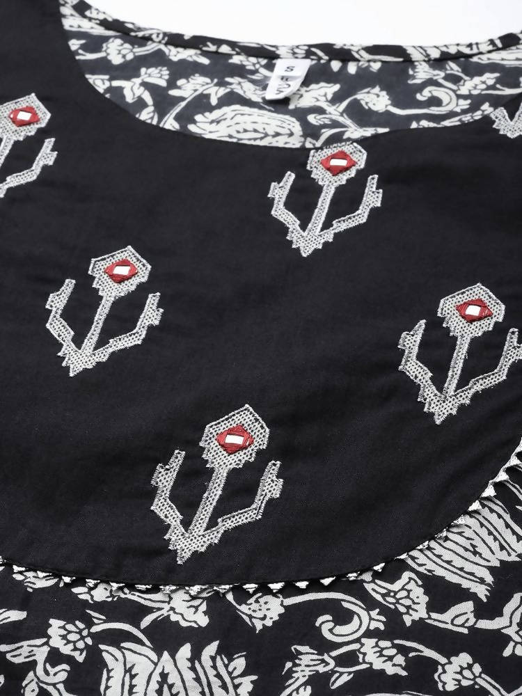 Yufta Black & Off-White Ethnic Screen Print Cotton Straight Kurta Palazzo & Dupatta