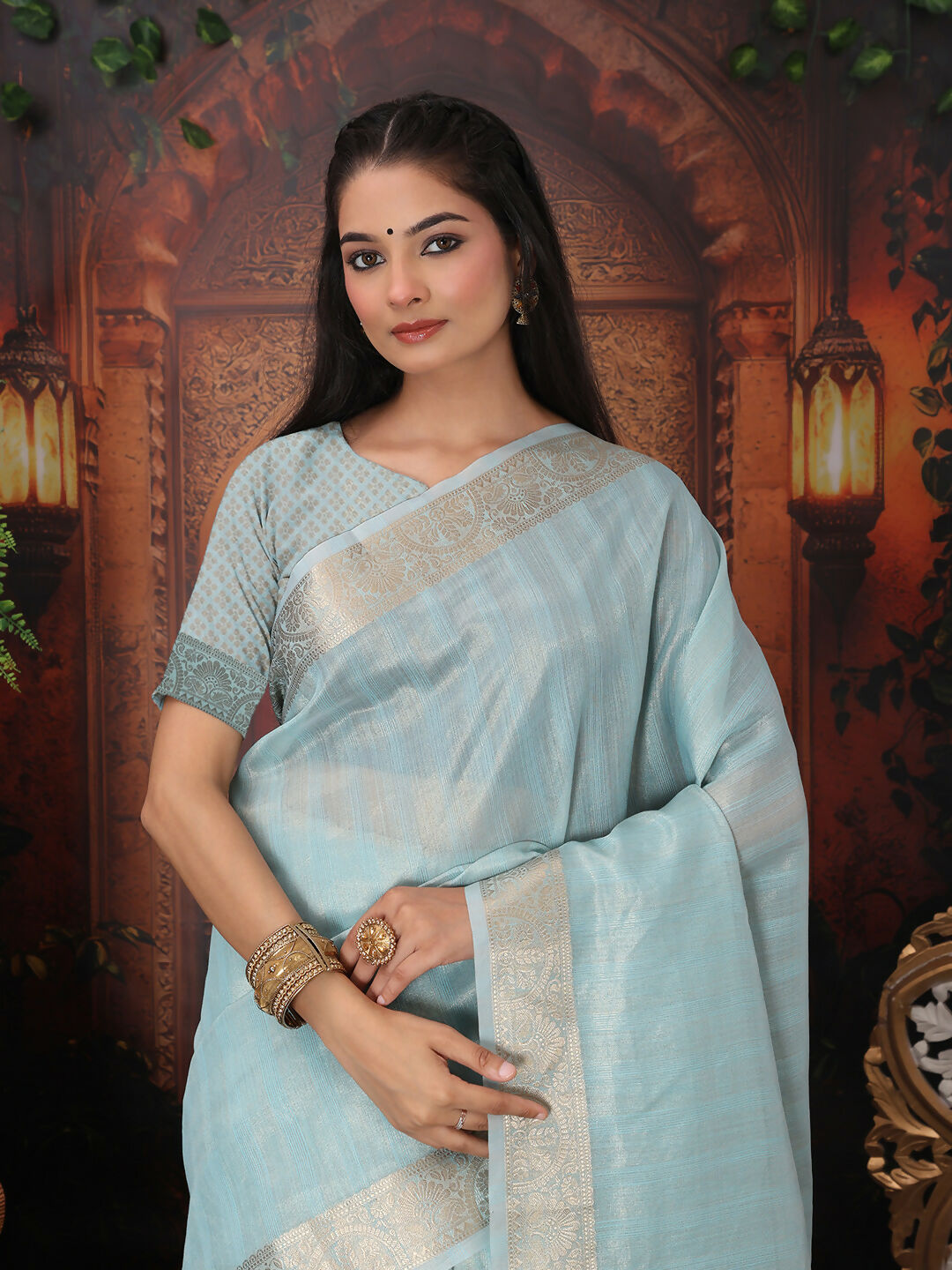 Shree Shyam Fashion Organza Sky Blue Saree - Distacart