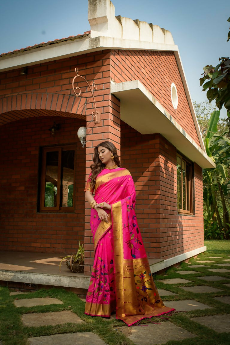 Jyoti Fashion Women's Pink Paithani Silk Zari Woven Saree with Blouse