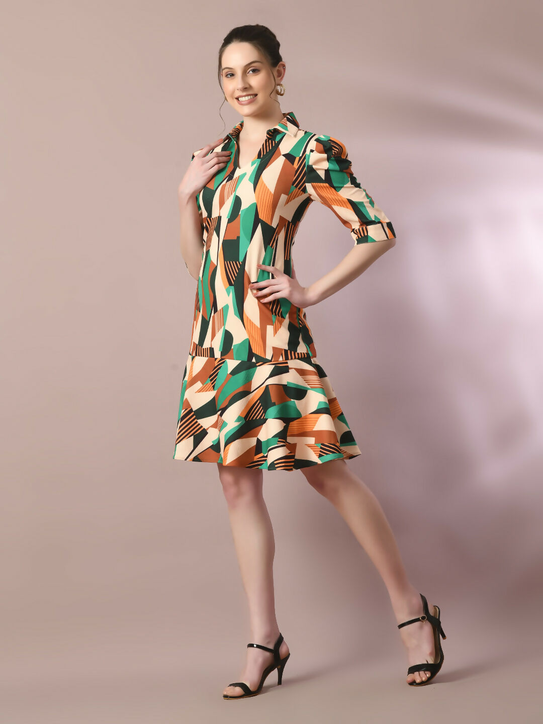 Myshka Women's Multi Printed Shirt Collar Fit and Flare Party Dress - Distacart