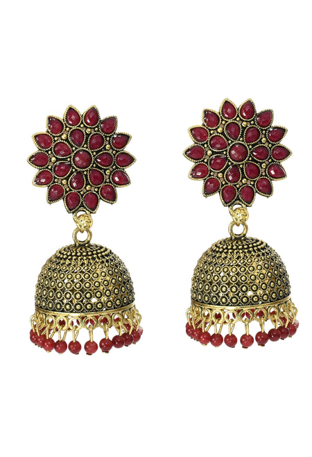 Mominos Fashion Joharkamal Kundan work Jhumka with Maroon Beads