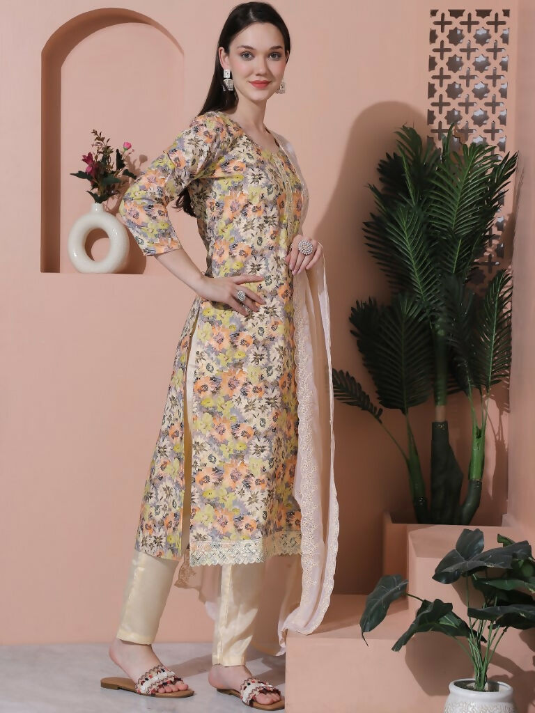 Jyoti Fashion Women's Multicolor Cotton Floral Digital Printed Kurta with Trouser & Dupatta
