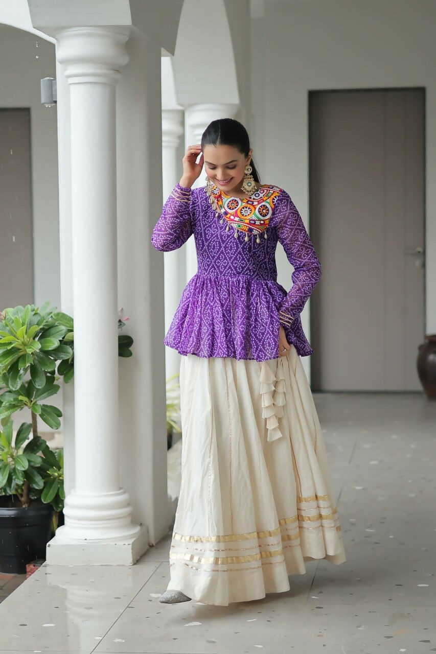 Teeya Creation Purple And White Colour Cotton Printed Navratri Lehenga Choli