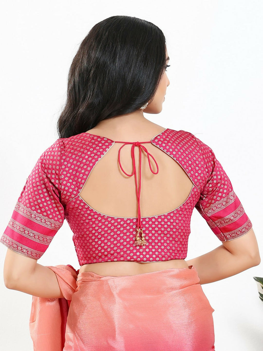 Joban Fashion South Pink Brocade Padded Blouse With Round Neck Elbow Sleeves - Distacart