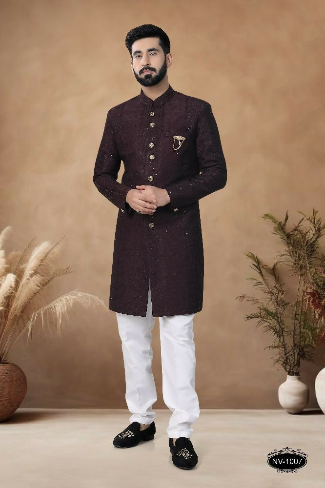 Joban Fashion Men's Brown Straight Silk Heavy Thread & Sequence Embroidery All Over Indo-Western Kurta Set