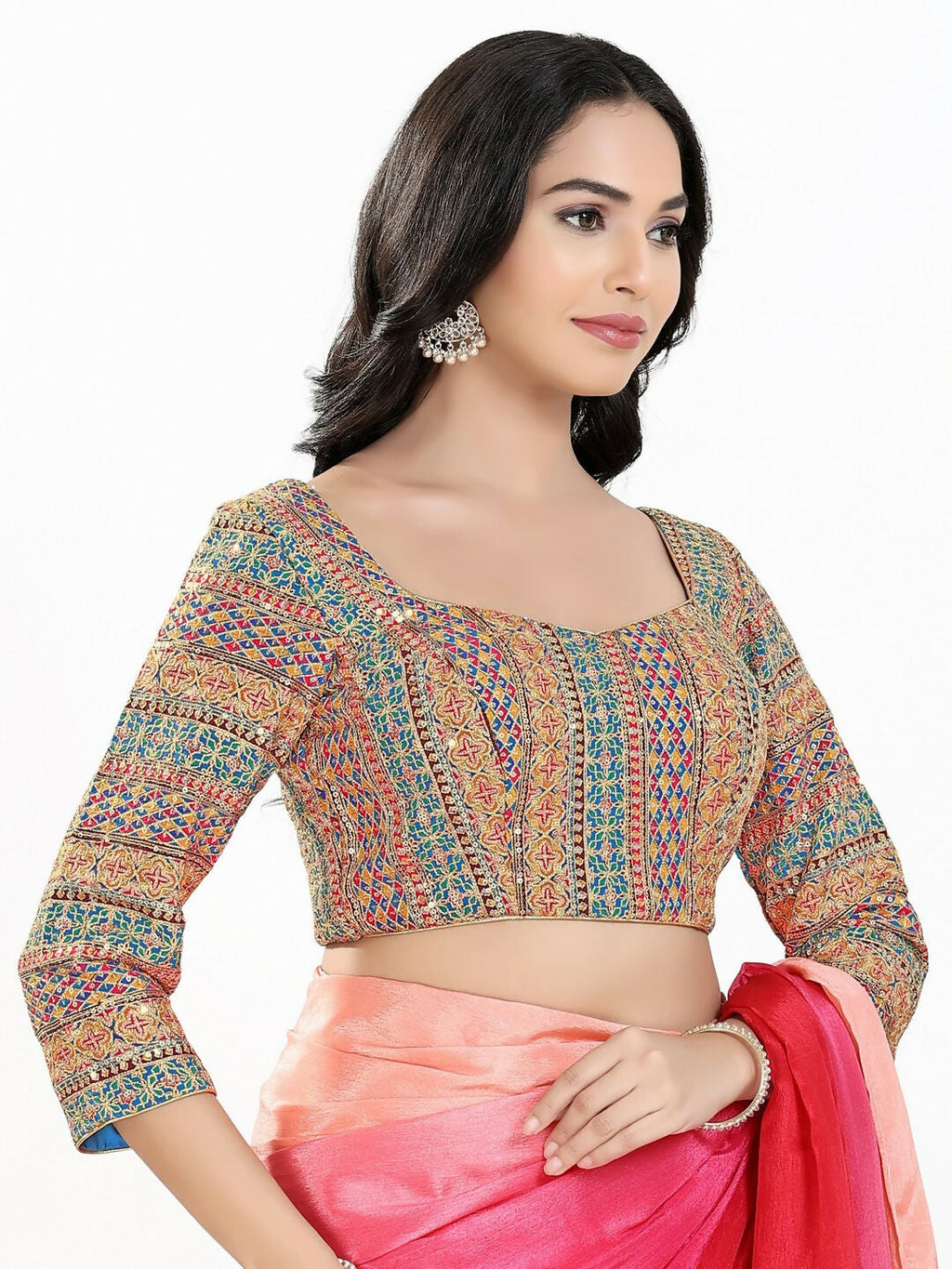 Joban Fashion Blue Multi Silk Padded Blouse With Sweetheart Neck 3/4 Sleeves - Distacart