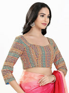 Joban Fashion Blue Multi Silk Padded Blouse With Sweetheart Neck 3/4 Sleeves - Distacart