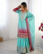 The52 Women's Beautiful Chinon silk Fabric Embroidery Work Straight Kurta Palazzo and Dupatta Set - Distacart
