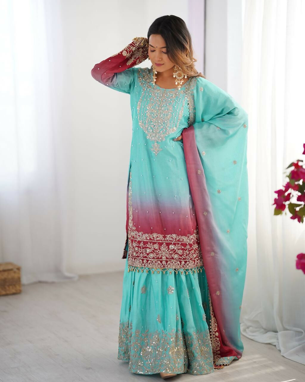 The52 Women's Beautiful Chinon silk Fabric Embroidery Work Straight Kurta Palazzo and Dupatta Set - Distacart