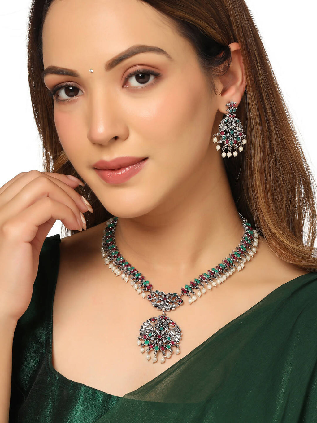 NVR Women Stone Studded Oxidised Silver Jewellery Set