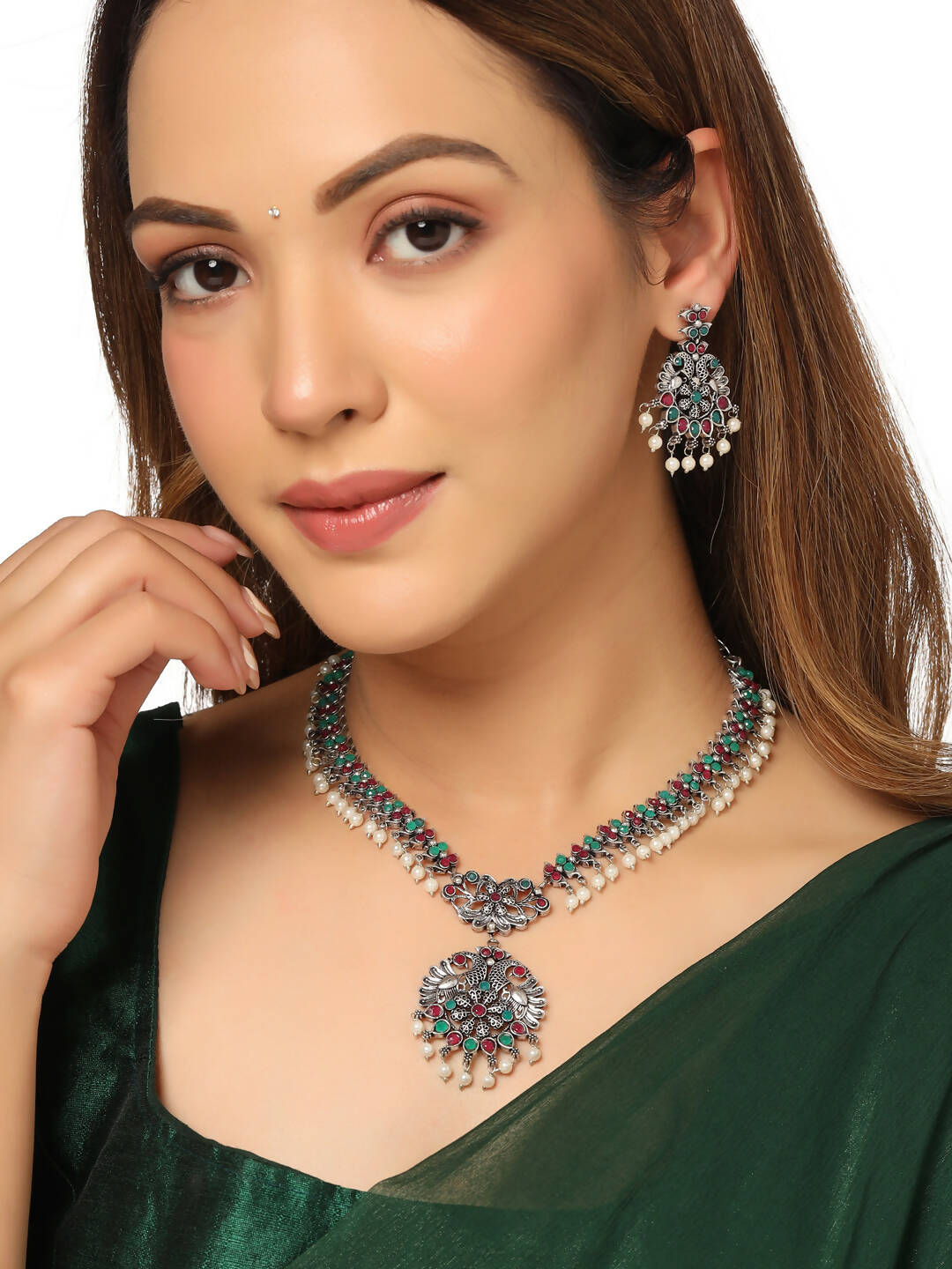 NVR Women Stone Studded Oxidised Silver Jewellery Set