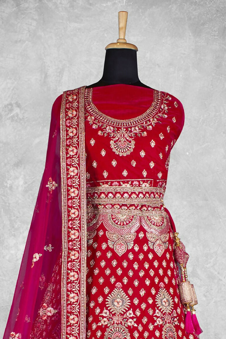 Red Velvet Hand Work Semi Stitched Lehenga Choli with Dupatta - Nimaya Lagnotsav