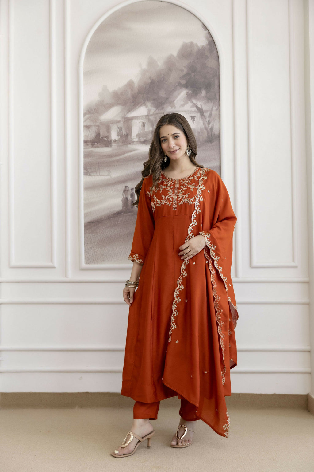 The52 Orange Women's Beautiful Vichitra Silk Fabric Embroidered Work Flared Anarkali Pant and Dupatta Set - Distacart