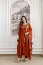 The52 Orange Women's Beautiful Vichitra Silk Fabric Embroidered Work Flared Anarkali Pant and Dupatta Set - Distacart