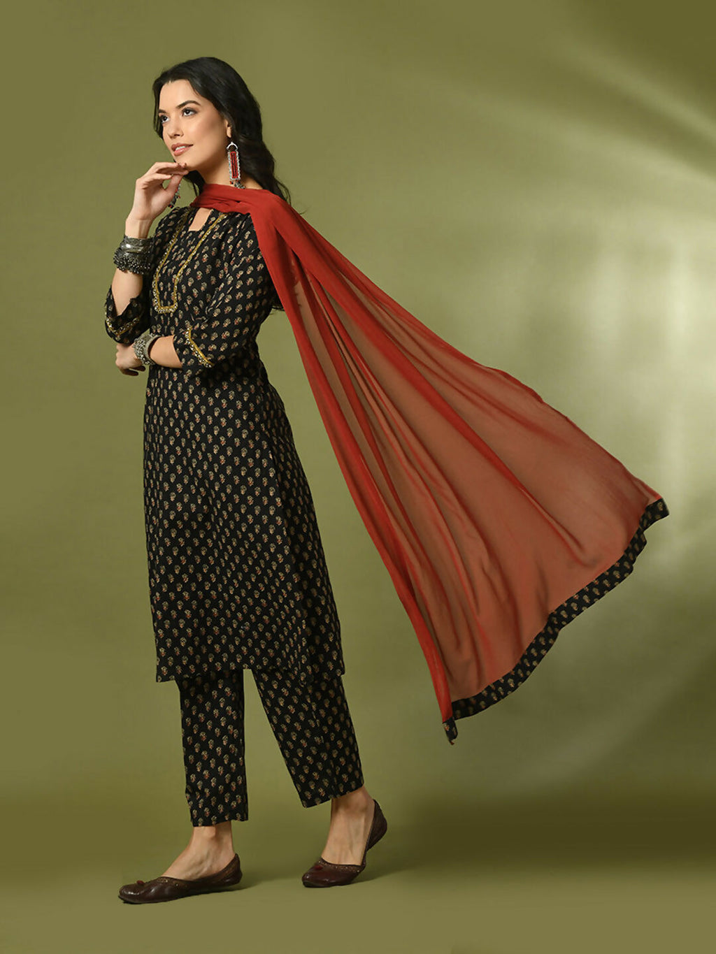 Myshka Women's Black Printed Cotton Straight Party Kurta Set With Dupatta