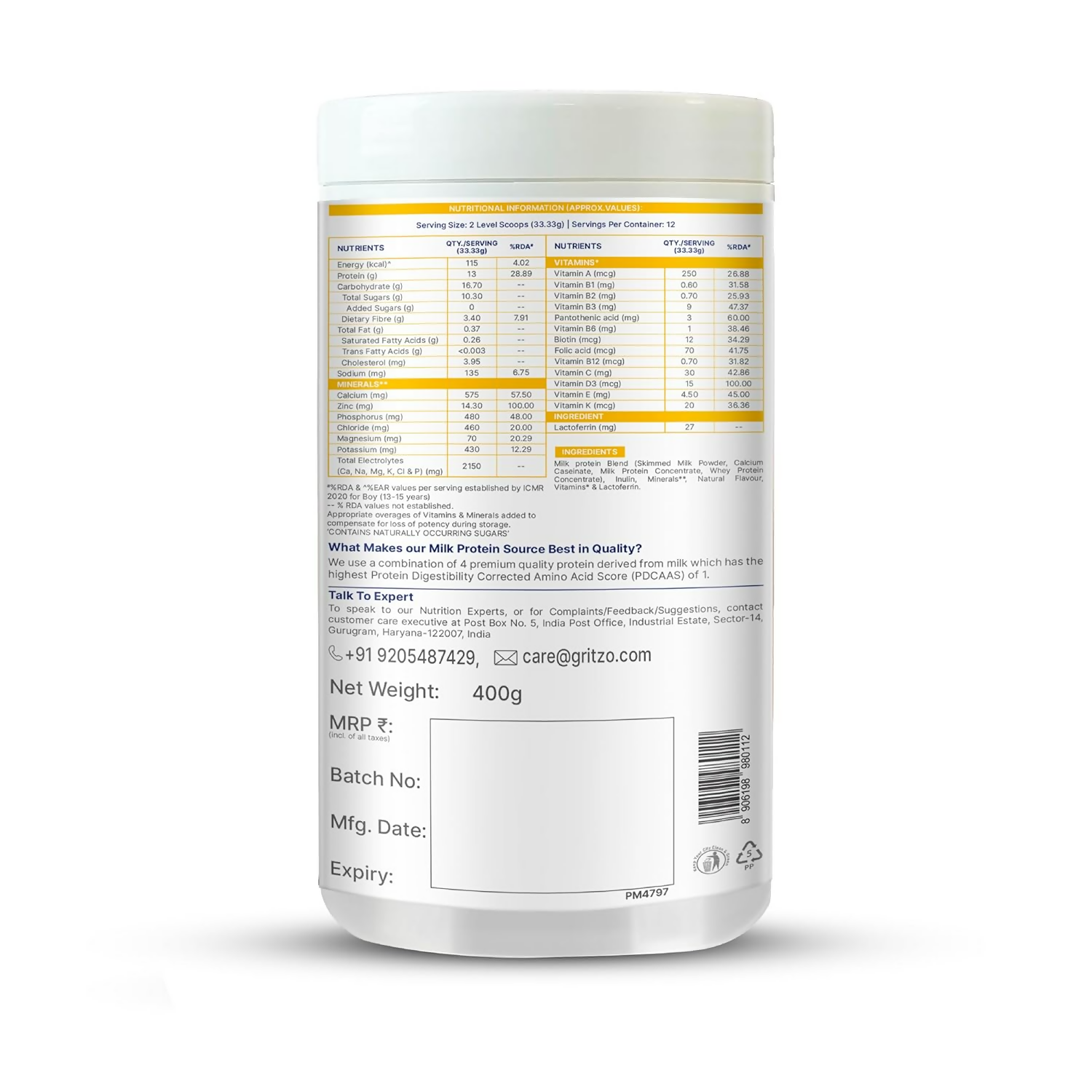 Gritzo SuperMilk Growth+ (Formerly Height+) Unsweetened Drink Mix (13+y Boys), 13g Protein Powder (Creamy Vanilla)