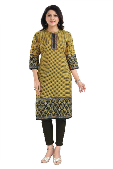 Snehal Creations Yellow Designer Digital Print Cotton Slub Fabric Long Kurti Tunic