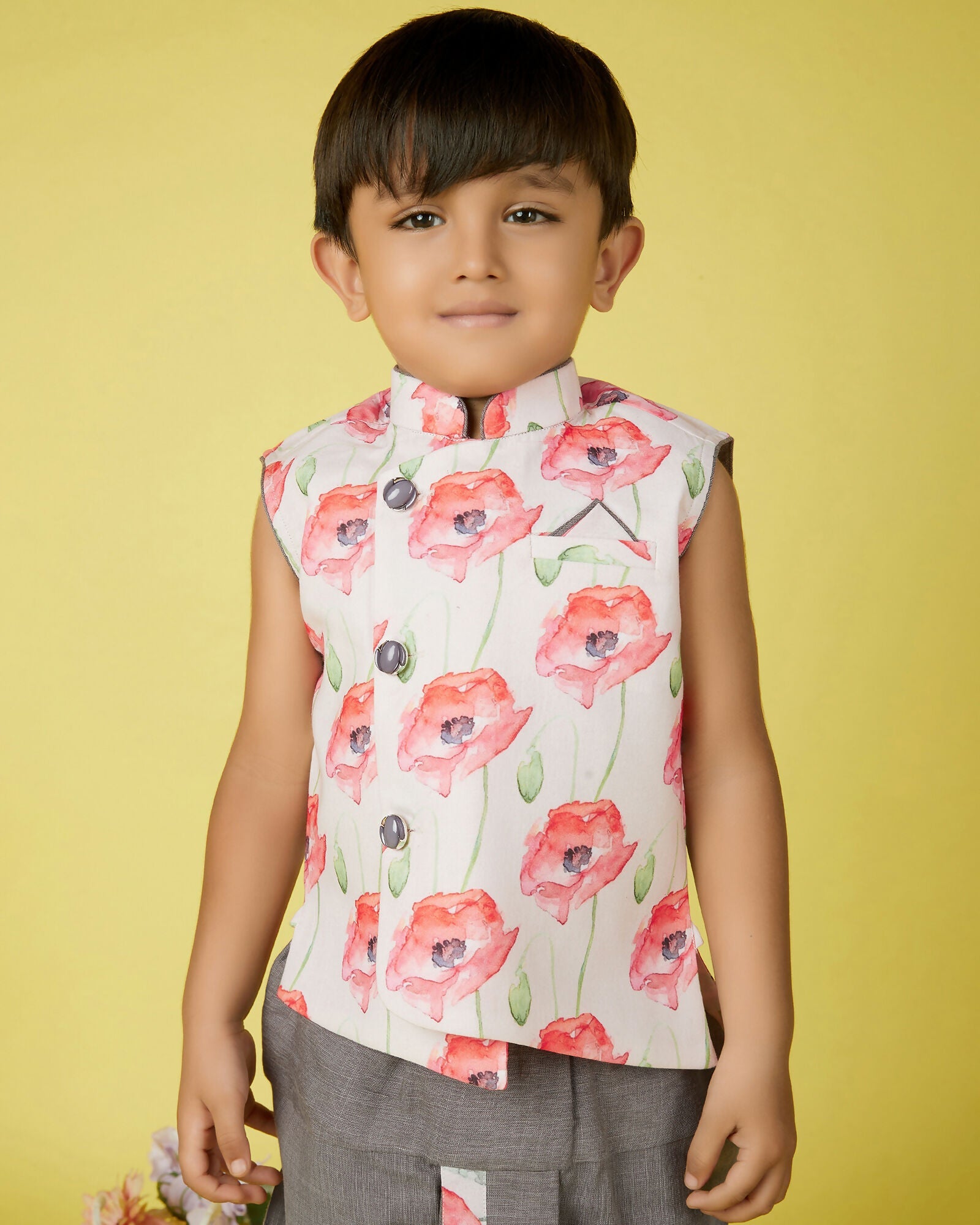 Joban Fashion Kids Island Cotton Sleeveless printed Kurta and Solid Dhoti - Grey - Distacart