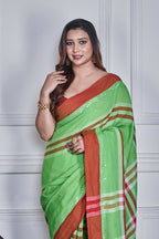 Morchari Green Cotton Handloom Mirror Work Saree Unstitched Blouse - Distacart