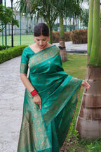 DEIANA'S Beautiful Designer Golden zari Soft Lichi Silk Saree - Teal