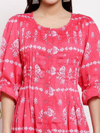Myshka Women's Pink Cotton Printed 3/4 Sleeve Round Neck Casual Dress