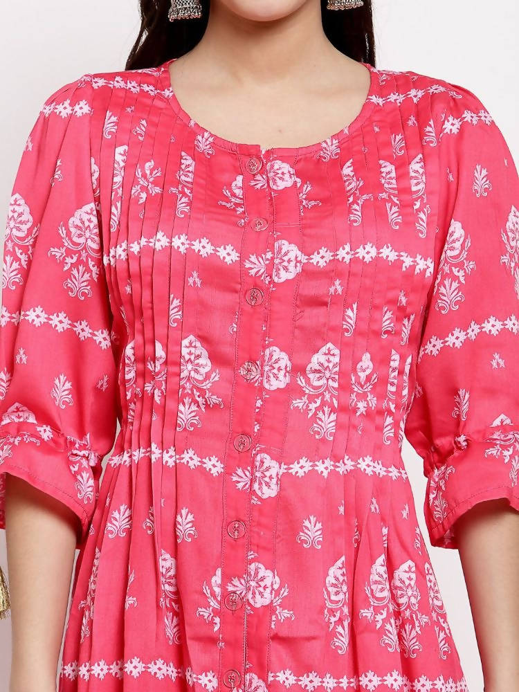 Myshka Women's Pink Cotton Printed 3/4 Sleeve Round Neck Casual Dress