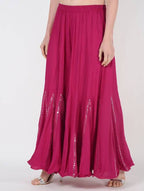 Mominos Fashion Magenta Viscose Rayon Flared Palazzo with Mirror Lace Work - Distacart