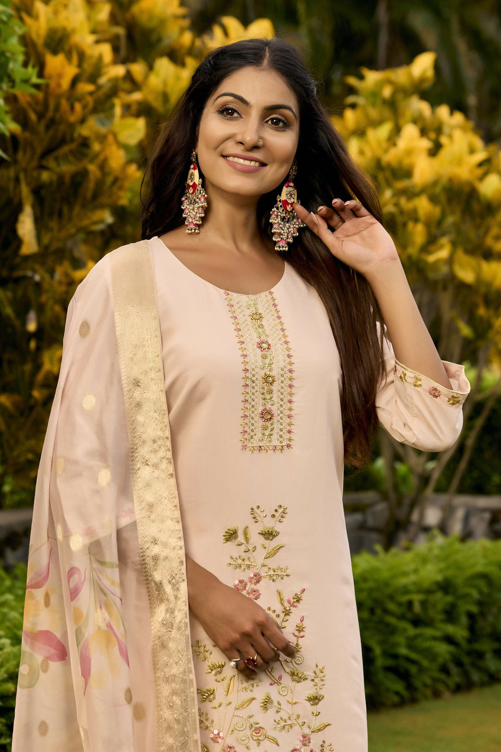 The52 Women's Beautiful Embroidery Work Roman Fabric Straight Kurta Pant and Dupatta Set - Distacart