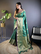Joban Fashion Green Striped With Floral Motifs Soft Silk Leheriya Saree