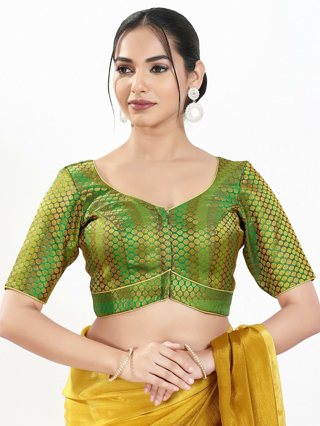 Joban Fashion Green Brocade Padded Blouse With Sweetheart Neck Elbow Sleeves - Distacart