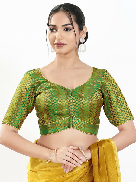 Joban Fashion Green Brocade Padded Blouse With Sweetheart Neck Elbow Sleeves
