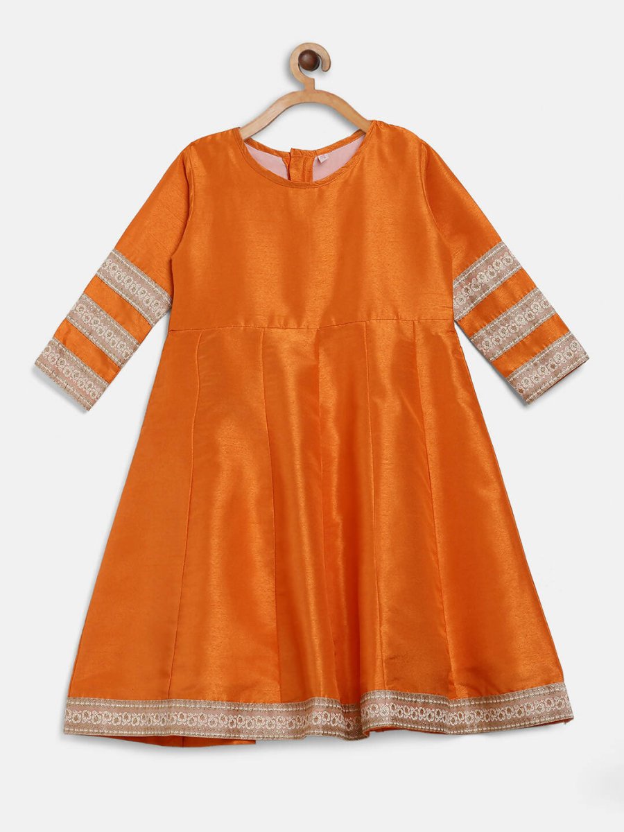Ahalyaa Orange Poly Silk Anarkali Kids Kurta With Dupatta Set For Girls