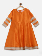 Ahalyaa Orange Poly Silk Anarkali Kids Kurta With Dupatta Set For Girls