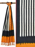 Orange and Black Pochampally Ikat Cotton Handloom Dupatta with Strips and Buta Design - Global Threads