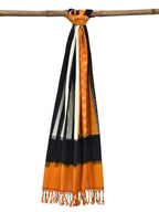 Orange and Black Pochampally Ikat Cotton Handloom Dupatta with Strips and Buta Design - Global Threads