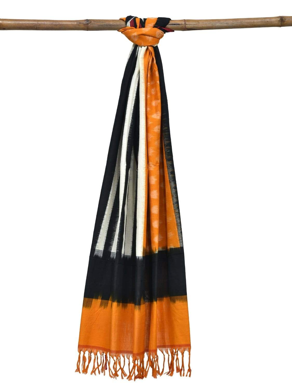 Orange and Black Pochampally Ikat Cotton Handloom Dupatta with Strips and Buta Design - Global Threads