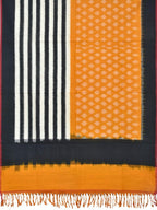 Orange and Black Pochampally Ikat Cotton Handloom Dupatta with Strips and Buta Design - Global Threads