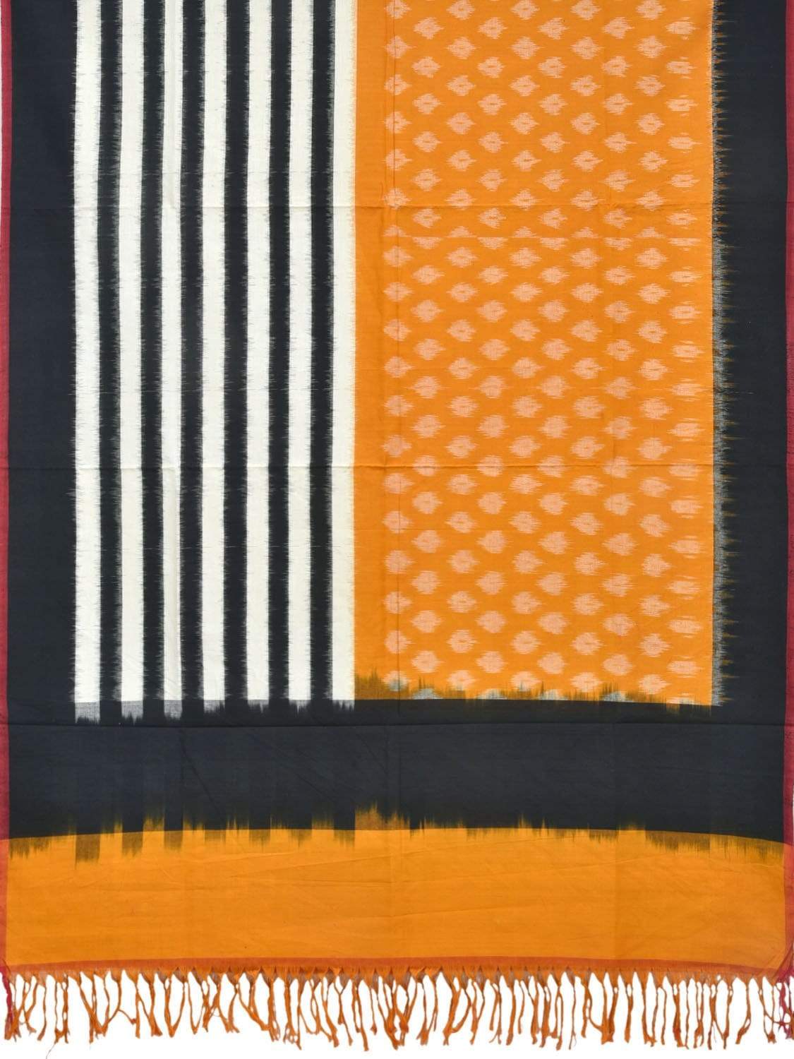 Orange and Black Pochampally Ikat Cotton Handloom Dupatta with Strips and Buta Design - Global Threads