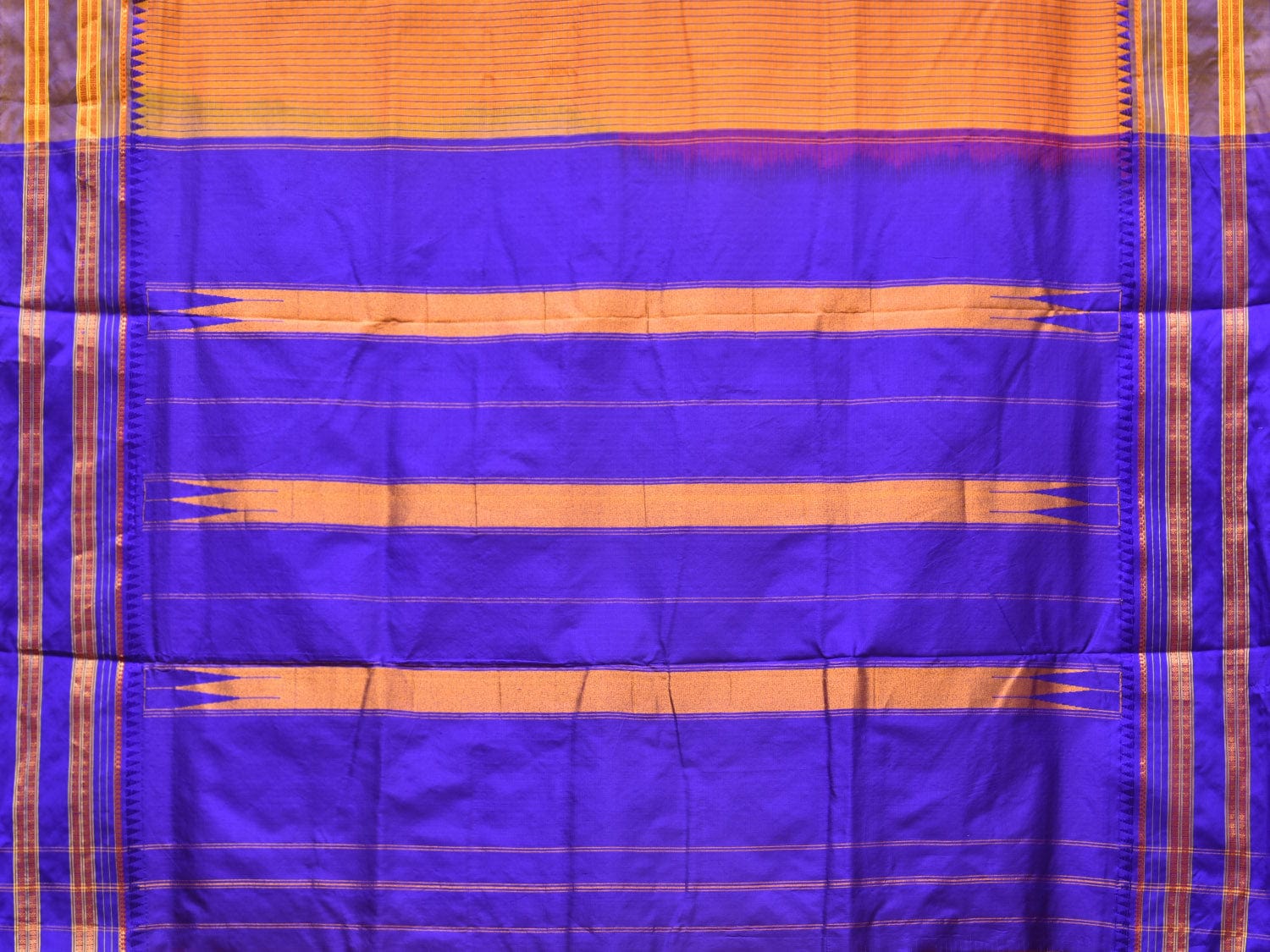 Orange and Blue Narayanpet Silk Handloom Saree with Checks Design No Blouse - Global Threads
