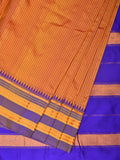 Orange and Blue Narayanpet Silk Handloom Saree with Checks Design No Blouse - Global Threads