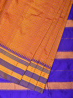 Orange and Blue Narayanpet Silk Handloom Saree with Checks Design No Blouse - Global Threads