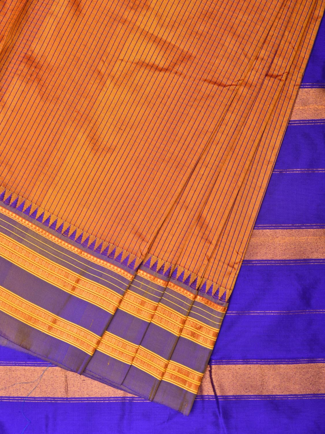 Orange and Blue Narayanpet Silk Handloom Saree with Checks Design No Blouse - Global Threads